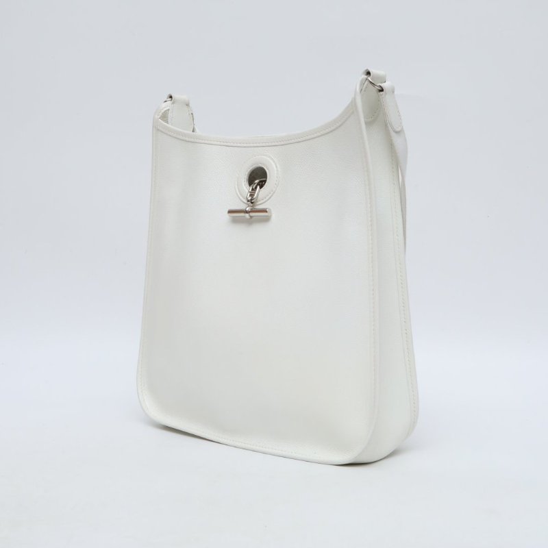 HERMES 01白色Epsom皮框J銀扣伊芙琳29中古款肩背包-2