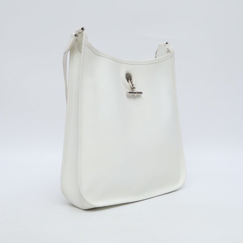 HERMES 01白色Epsom皮框J銀扣伊芙琳29中古款肩背包-3