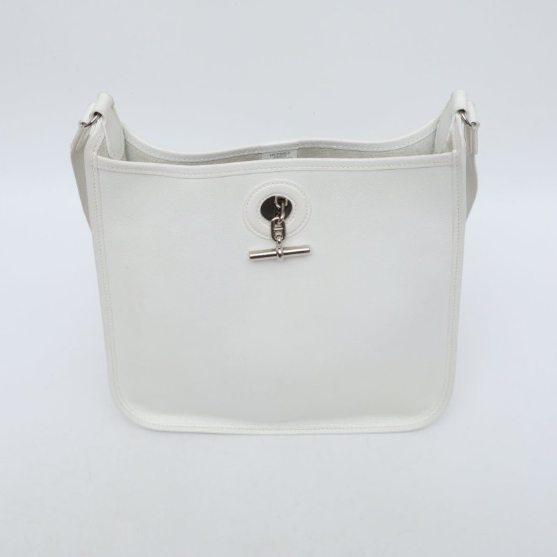 HERMES 01白色Epsom皮框J銀扣伊芙琳29中古款肩背包-4