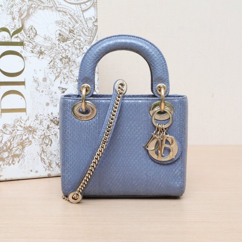 DIOR Lady戴妃包三格藍色蛇皮金扣2020肩背包-0