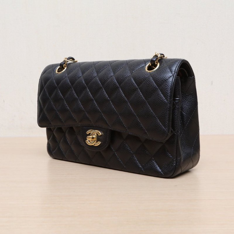 CHANEL CF口蓋包中號25.5黑色荔枝牛皮26開金扣肩背包-3