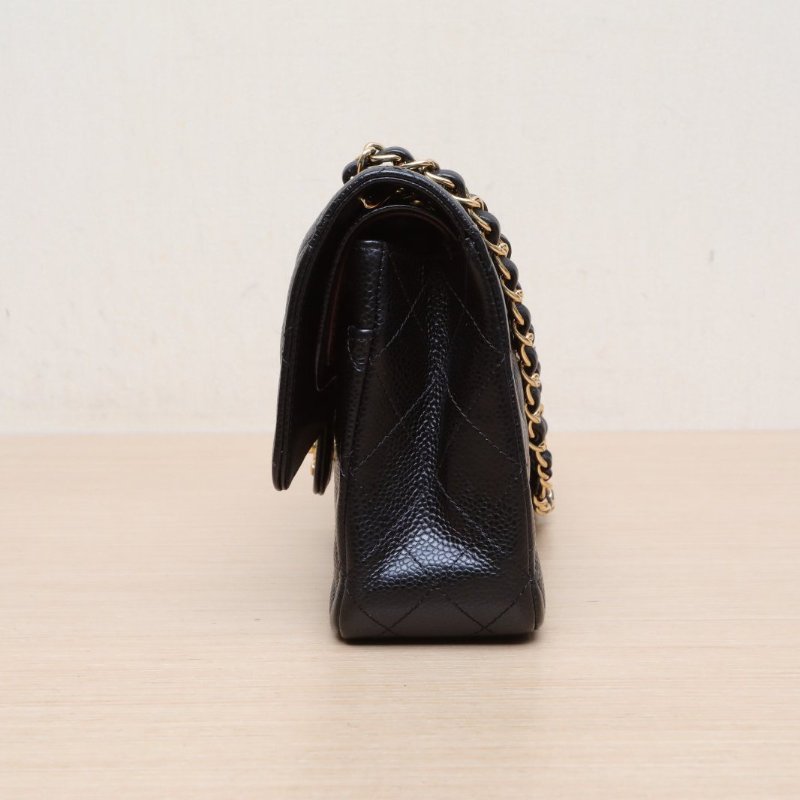 CHANEL CF口蓋包中號25.5黑色荔枝牛皮26開金扣肩背包-4