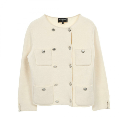 香奈兒 COCO 標誌水鑽紐扣針織外套 無色外套 P71364K10274 羊絨真絲 米色 二手 女