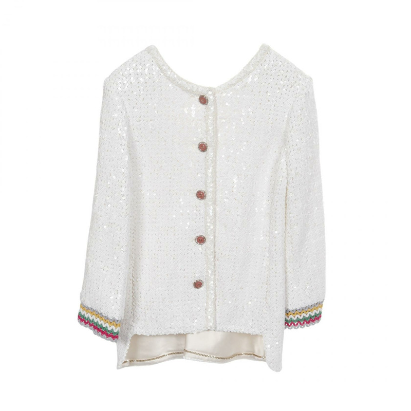 香奈兒 COCO 標誌亮片紐扣外套 P72556V64262 尼龍棉 白色 二手 女-1