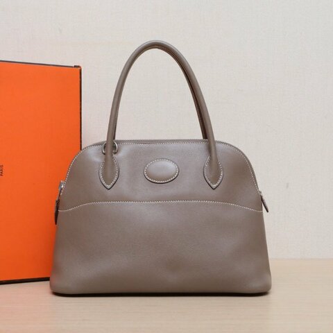 HERMES Bolide保齡球包2718大象灰Swift皮框L銀扣肩背包