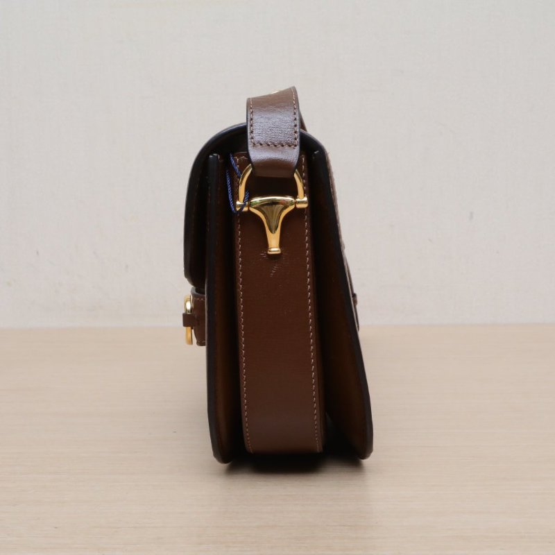 GUCCI Horsebit馬銜扣1955馬鞍包小號25棕色PVC金扣肩背包-4