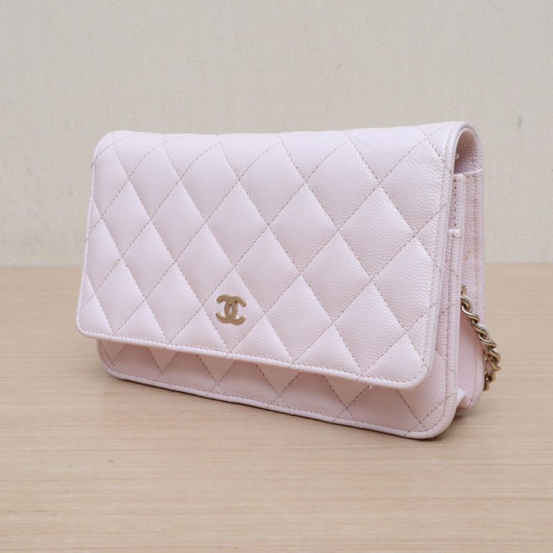CHANEL CFWOC19粉色荔枝牛皮晶片開金扣肩背包-2