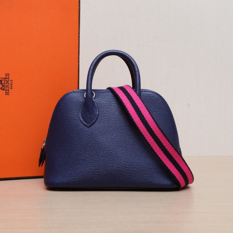 HERMES Bolide保齡球Mini197U海軍藍Chevre山羊皮B刻銀扣肩背包-0