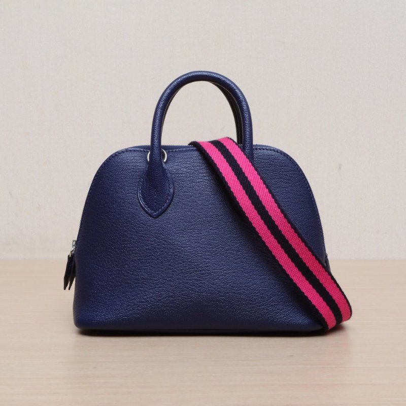 HERMES Bolide保齡球Mini197U海軍藍Chevre山羊皮B刻銀扣肩背包-1