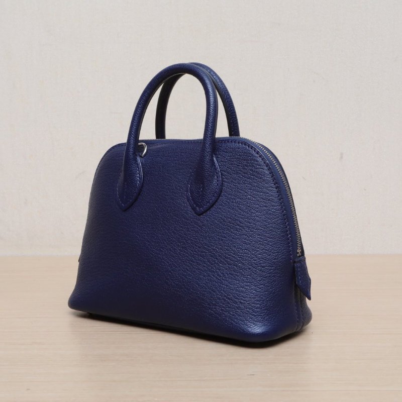 HERMES Bolide保齡球Mini197U海軍藍Chevre山羊皮B刻銀扣肩背包-3