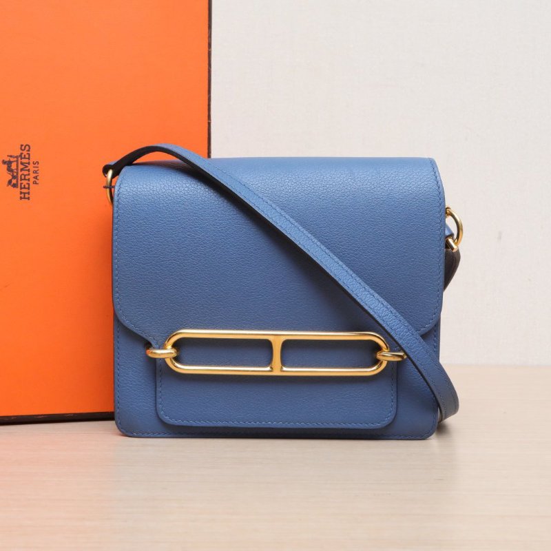 HERMES Roulis豬鼻子197E明藍色EC皮X刻金扣肩背包-0