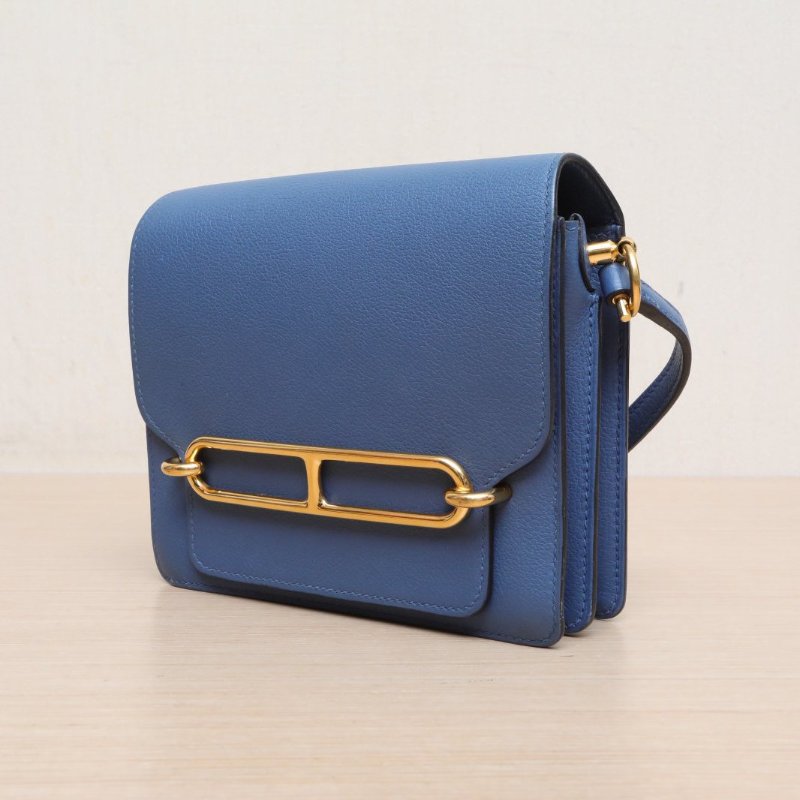 HERMES Roulis豬鼻子197E明藍色EC皮X刻金扣肩背包-3