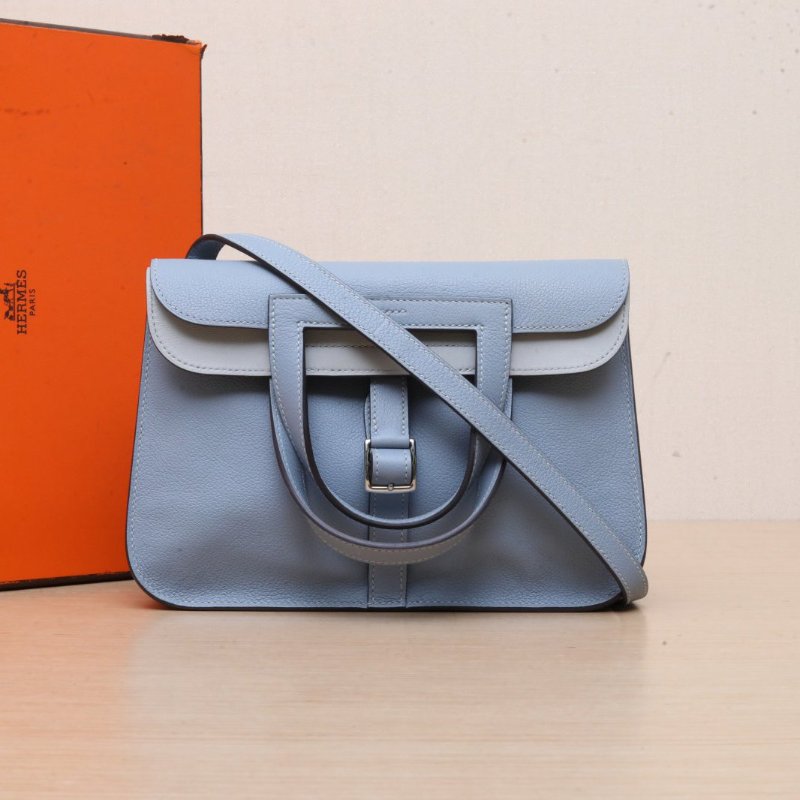HERMES Halzan25雙提手單肩包J7亞麻藍TC皮U刻銀扣肩背包-0
