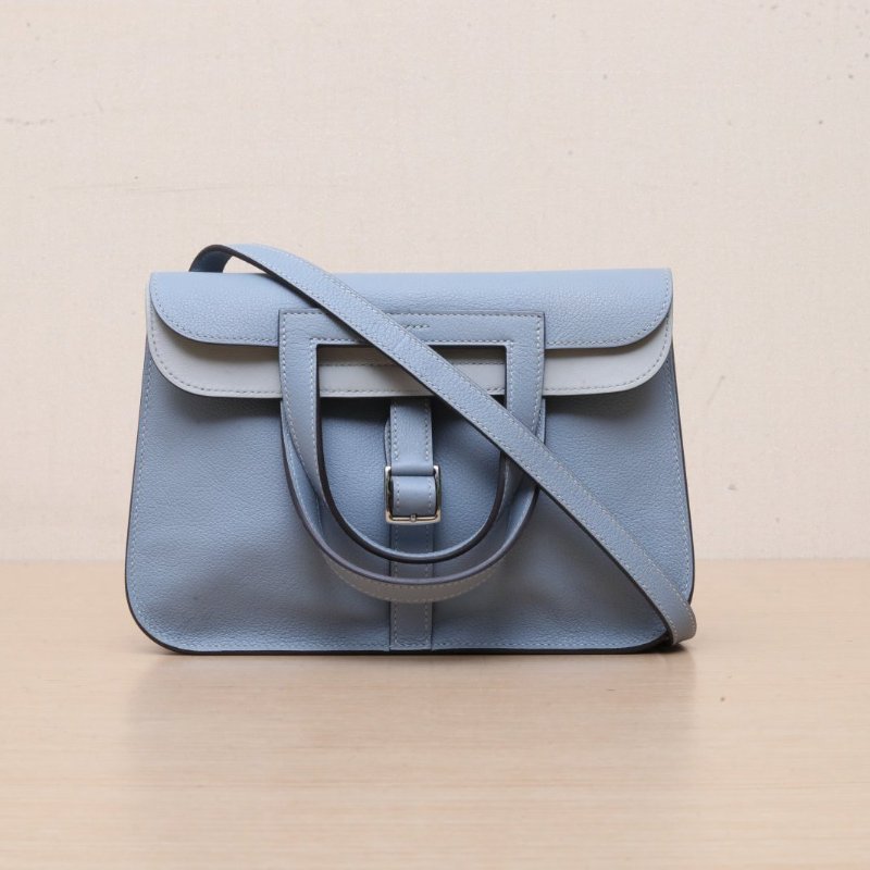 HERMES Halzan25雙提手單肩包J7亞麻藍TC皮U刻銀扣肩背包-1