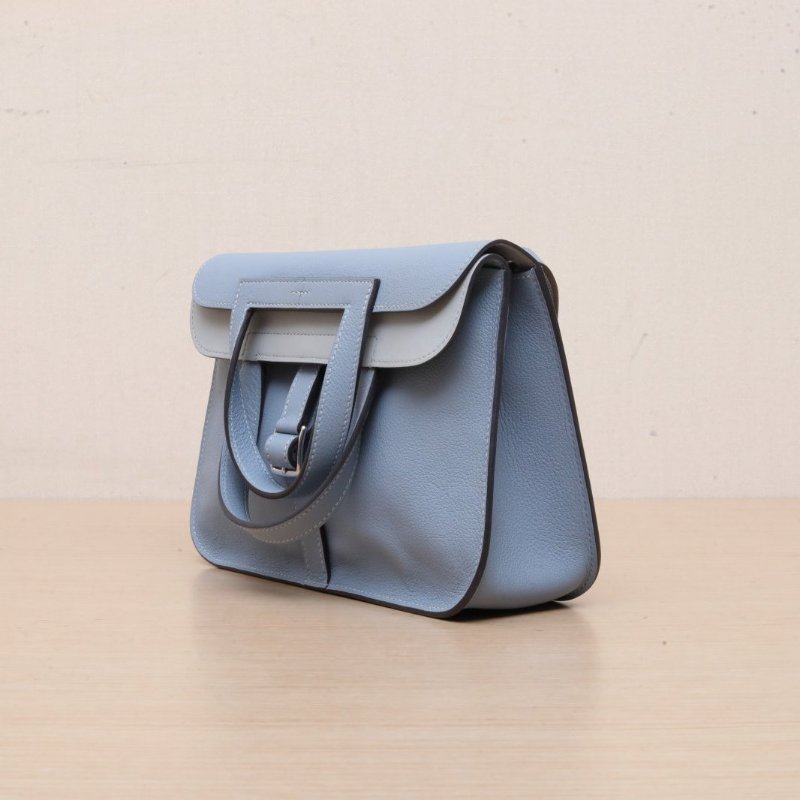 HERMES Halzan25雙提手單肩包J7亞麻藍TC皮U刻銀扣肩背包-4