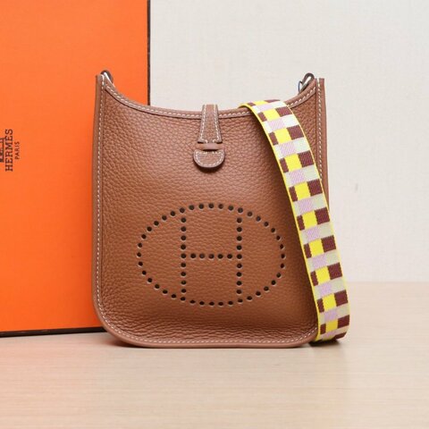 HERMES EvelyneMINI1637金棕色TC皮B刻銀扣肩背包