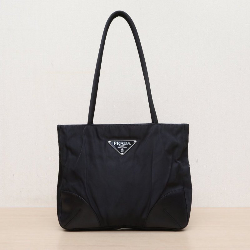 PRADA 黑色尼龍中古大三角標手提菜籃子肩背包-1