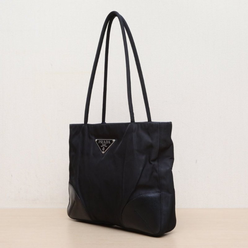 PRADA 黑色尼龍中古大三角標手提菜籃子肩背包-3