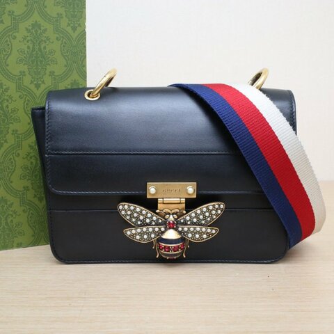 GUCCI QueenMargaret瑪格麗特皇后蜜蜂寬肩帶斜挎包22.5黑色牛皮金扣肩背包