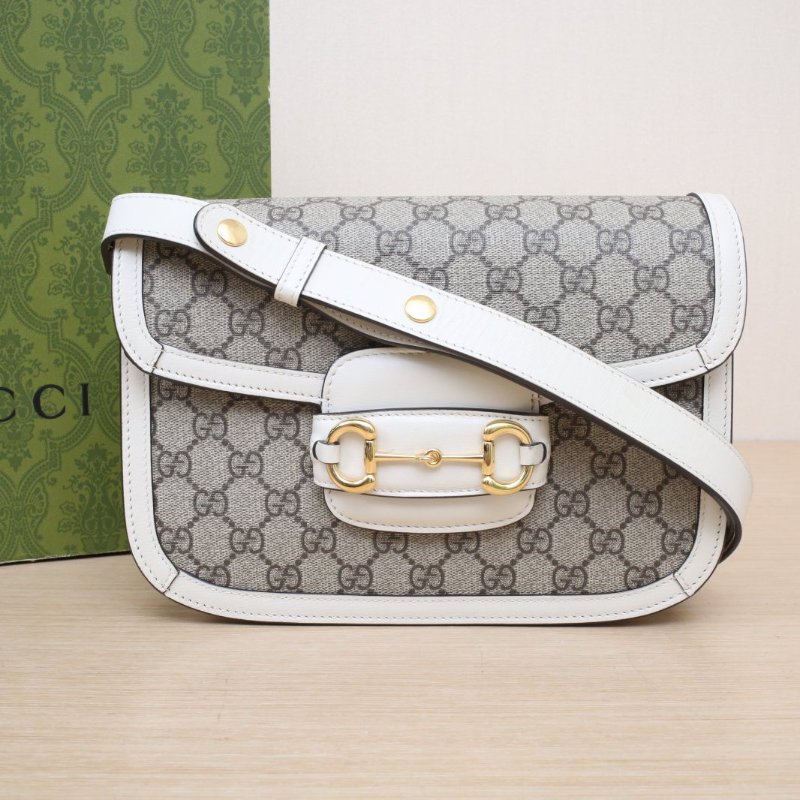 GUCCI Horsebit馬銜扣1955馬鞍包小號25白色帆布金扣肩背包-0