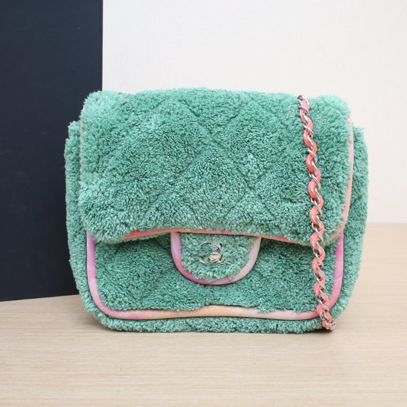 CHANEL 綠色毛絨30開銀扣20秋冬方胖子水彩限定肩背包-0