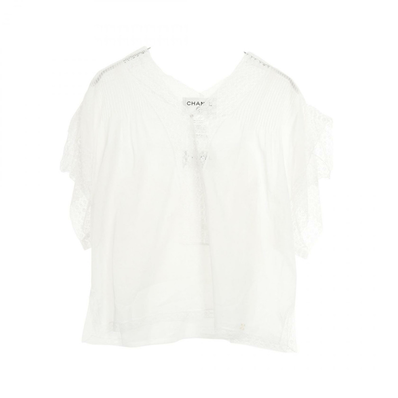 香奈兒 COCO 標誌短袖襯衫 P17796W02793 棉米色 #42 二手女裝-0