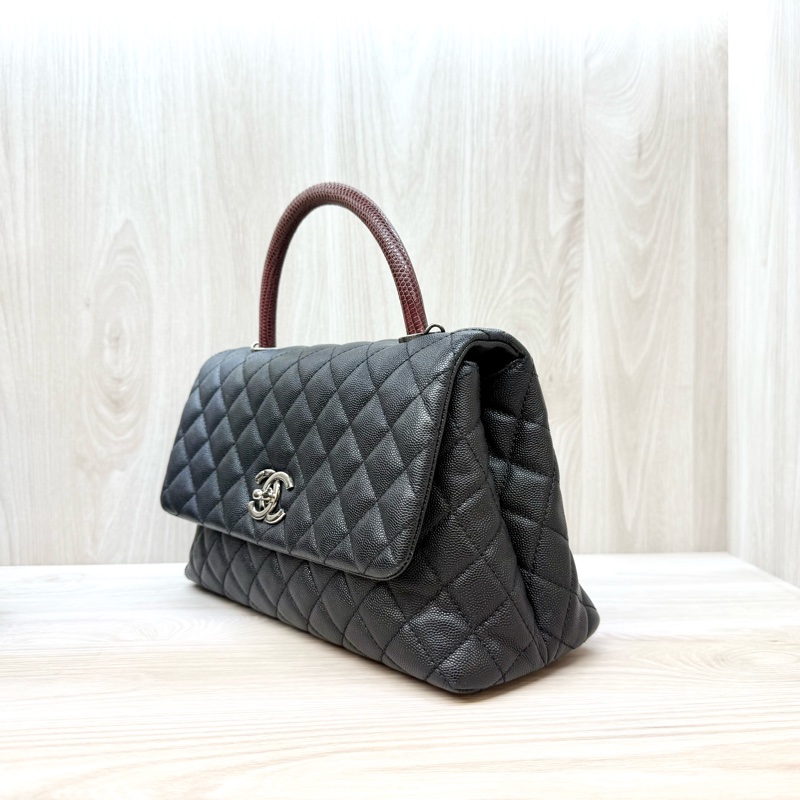 CHANEL黑荔枝銀釦拚蜥蜴皮手把coco handle28-2