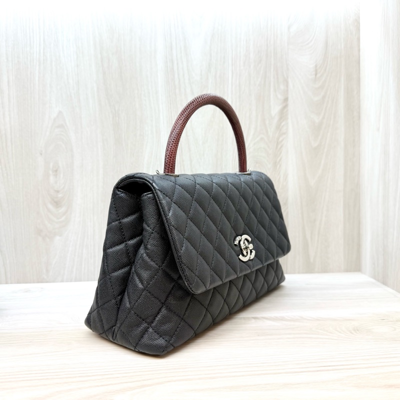 CHANEL黑荔枝銀釦拚蜥蜴皮手把coco handle28-3
