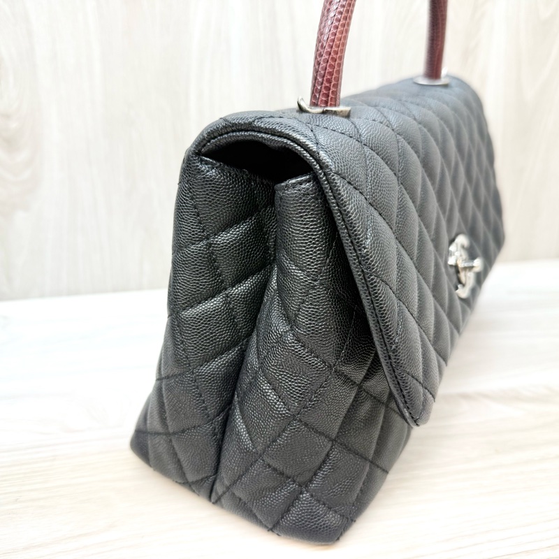 CHANEL黑荔枝銀釦拚蜥蜴皮手把coco handle28-4