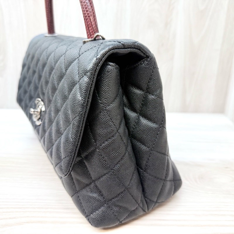 CHANEL黑荔枝銀釦拚蜥蜴皮手把coco handle28-5