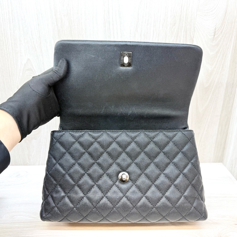 CHANEL黑荔枝銀釦拚蜥蜴皮手把coco handle28-6