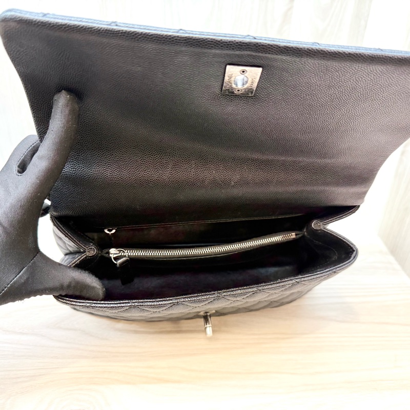 CHANEL黑荔枝銀釦拚蜥蜴皮手把coco handle28-7