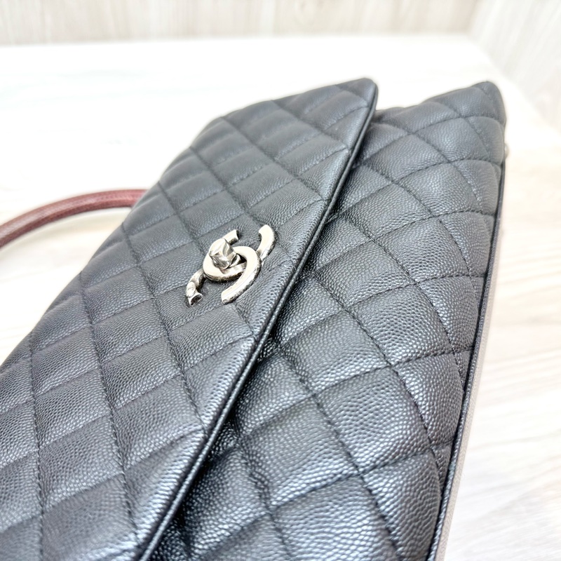 CHANEL黑荔枝銀釦拚蜥蜴皮手把coco handle28-10