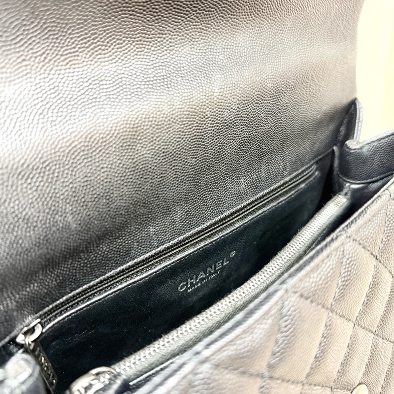 CHANEL黑荔枝銀釦拚蜥蜴皮手把coco handle28-16