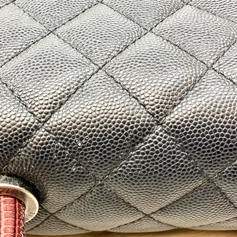 CHANEL黑荔枝銀釦拚蜥蜴皮手把coco handle28-24