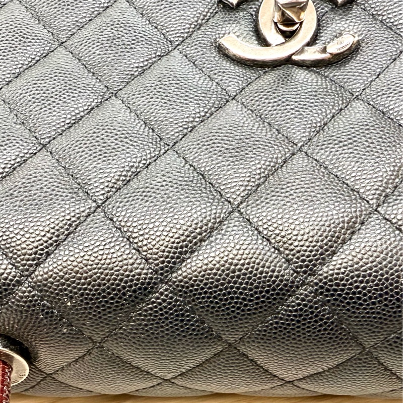 CHANEL黑荔枝銀釦拚蜥蜴皮手把coco handle28-25