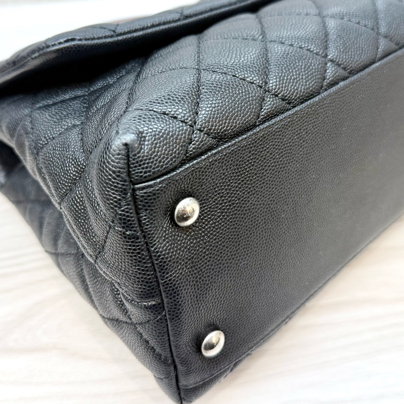 CHANEL黑荔枝銀釦拚蜥蜴皮手把coco handle28-27