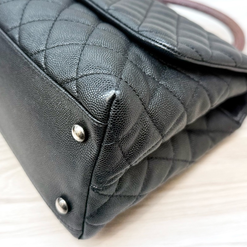 CHANEL黑荔枝銀釦拚蜥蜴皮手把coco handle28-28