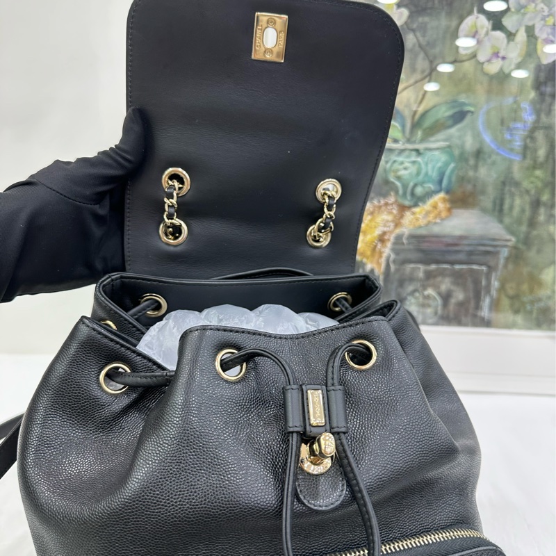 Chanel/香奈兒 黑色金扣荔枝紋雙肩包 鐳射24開 尺寸:24*23cm-6