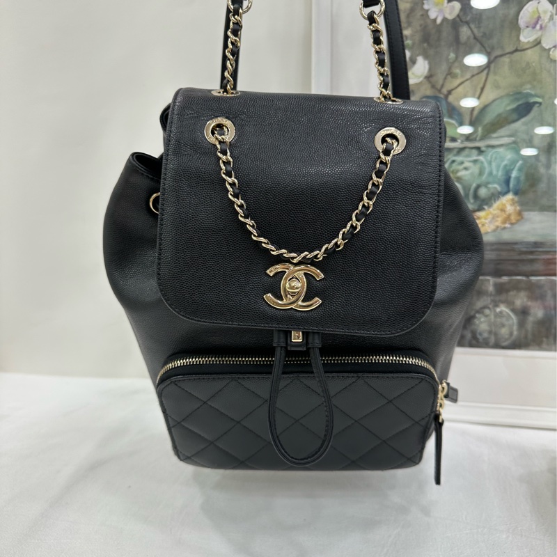 Chanel/香奈兒 黑色金扣荔枝紋雙肩包 鐳射24開 尺寸:24*23cm-8