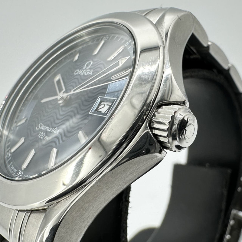 歐米茄海馬系列120公尺潛水錶 2511.81 男士不鏽鋼石英腕錶,附日期顯示,銀色和藍色-3