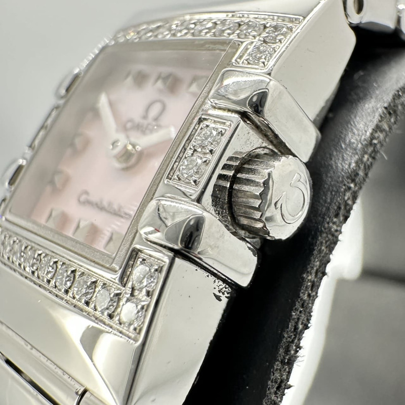 歐米茄星座系列 Cale Quadra 鑽石石英不鏽鋼粉紅錶殼女錶 1537.73-3