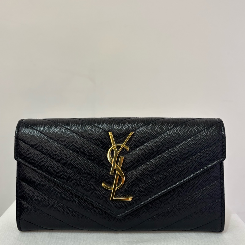 YSL黑魚子醬金LOGO 信封釦式長夾-0