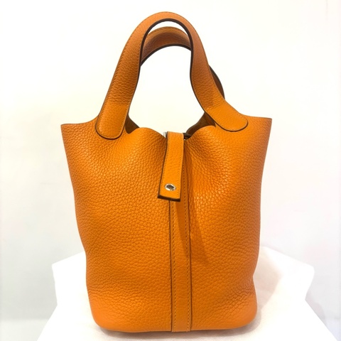 HERMES橘色TC皮銀釦Picotin 18 cm