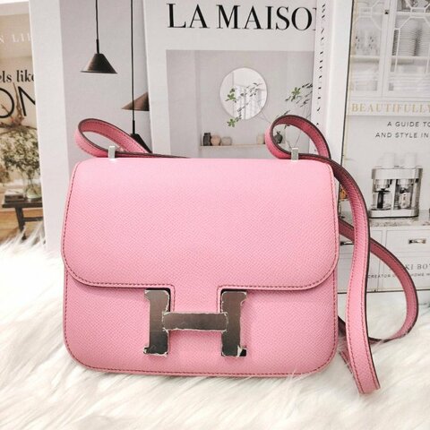 Hermès Mini Constance 19 粉色银扣 epsom皮 Z刻