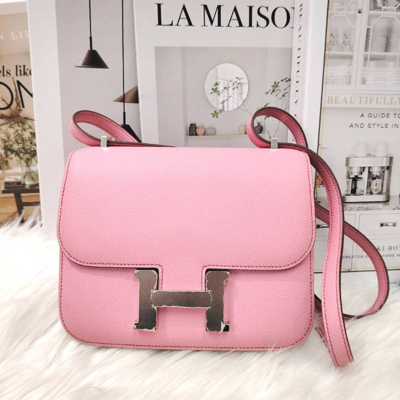 Hermès Mini Constance 19 粉色银扣 epsom皮 Z刻-0