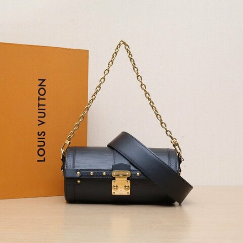 LOUIS VUITTON PAPILLON巴比龍TRUNK鏈條圓桶包黑色EPI水波紋牛皮晶片肩背包
