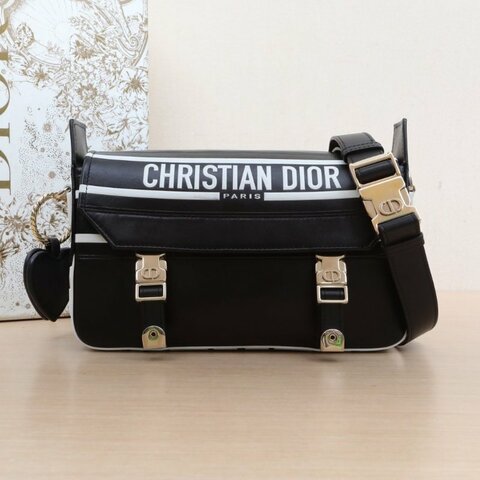 DIOR 黑色牛皮淺金扣2022DiorCamp系列全皮郵差肩背包