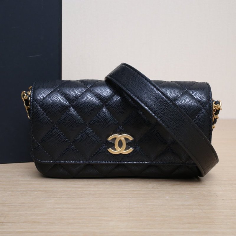 CHANEL 22ACFWOC18黑色荔枝牛皮鐳射標金扣金幣雙皮穿鏈肩背包-0