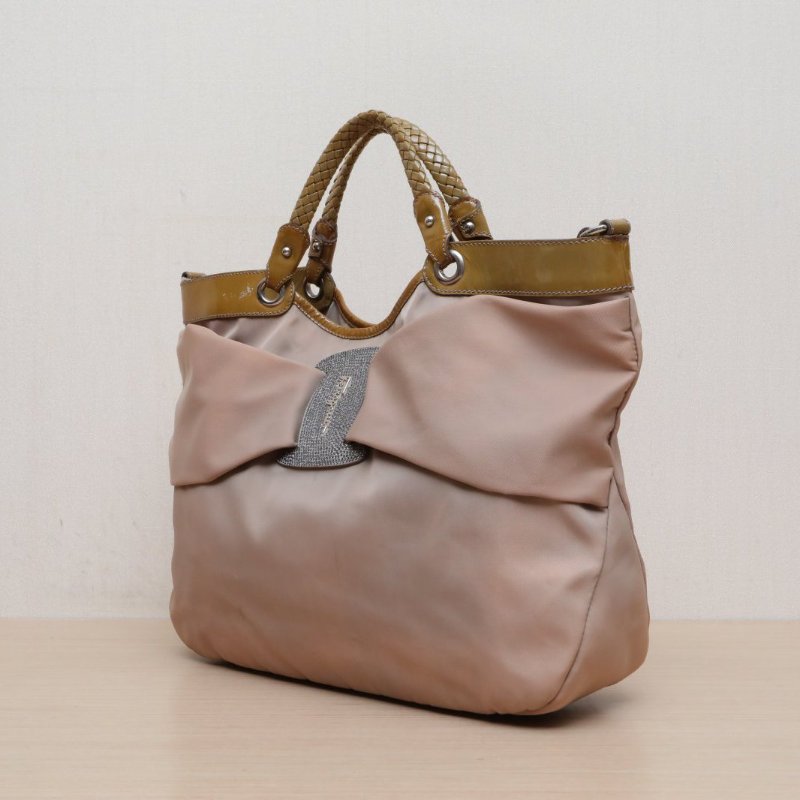 Salvatore Ferragamo 卡其色尼龍中古蝴蝶結手提包肩背包-4